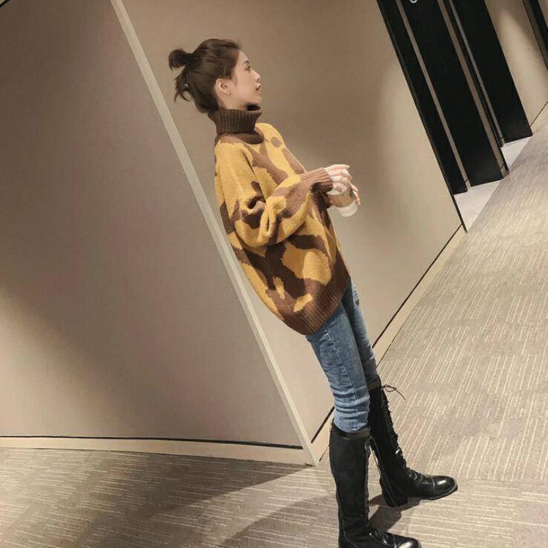 Pofulove Winter Leopard Print Thick Sweater Turtleneck Net Red Sweater Loose Sweater Women