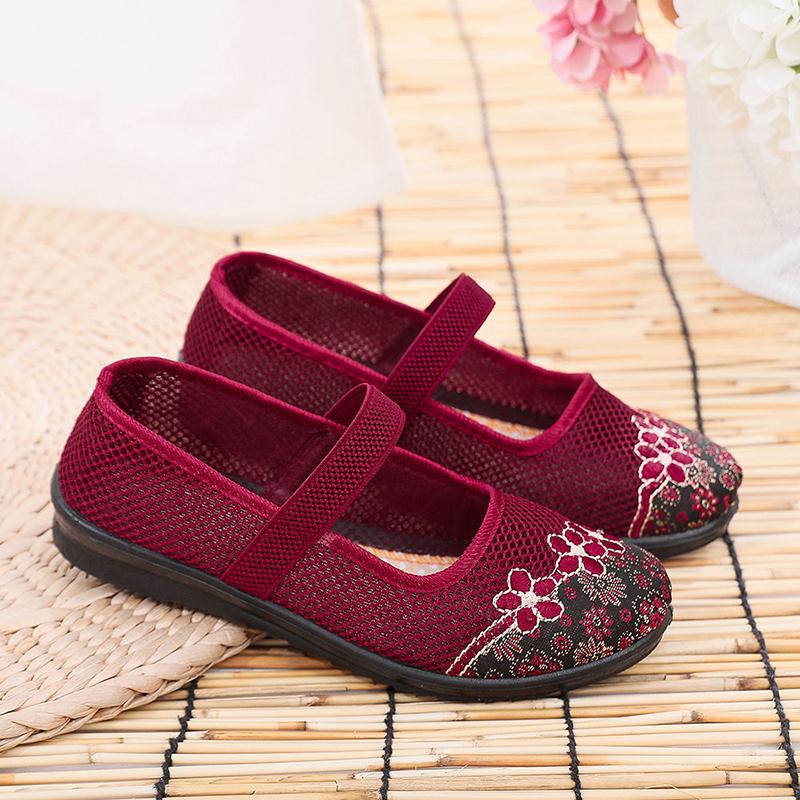 Old Beijing Cloth Shoes Women's Single Shoes Summer Mother Shoes Middle-aged and Elderly Breathable Mesh Shoes Flat Hollow Cloth Shoes