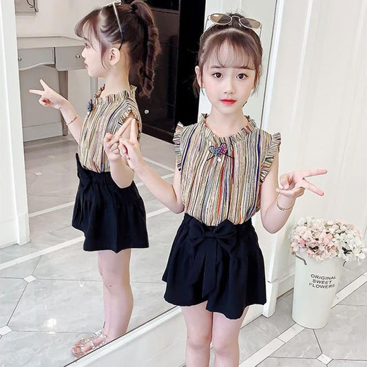 2PCS Children Clothing Set Spring Summer Girls Suits Printing Sleeveless Stripe Tops + Pants Clothing Set