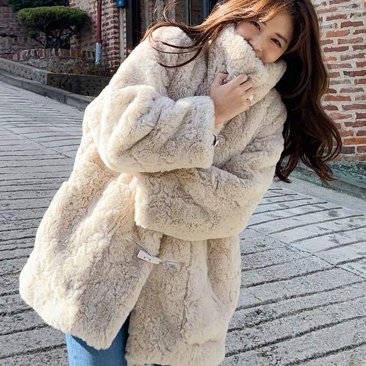 Winter Lamb Velvet Fur Coat Female Stand-up Collar Mid-length Lazy Style Horn Button Imitation Rex Rabbit Fur Coat