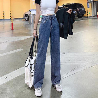 Blue Vintage High Waist Jeans Women Detail Wide Leg Denim Trousers Ladies Solid Casual Jeans