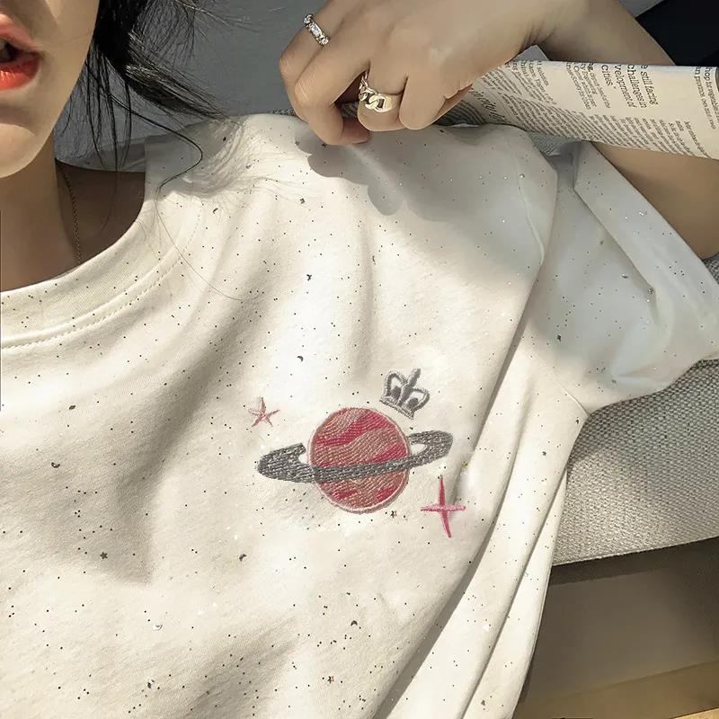 Planet Embroidery Women Short Sleeve Embroidery Tops Summer Loose Casual T-Shirt Tee