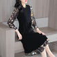 Large Size Women's Chiffon Stitching Fake Two-piece Dress Loose Casual Elegant Long Skirt Black Floral