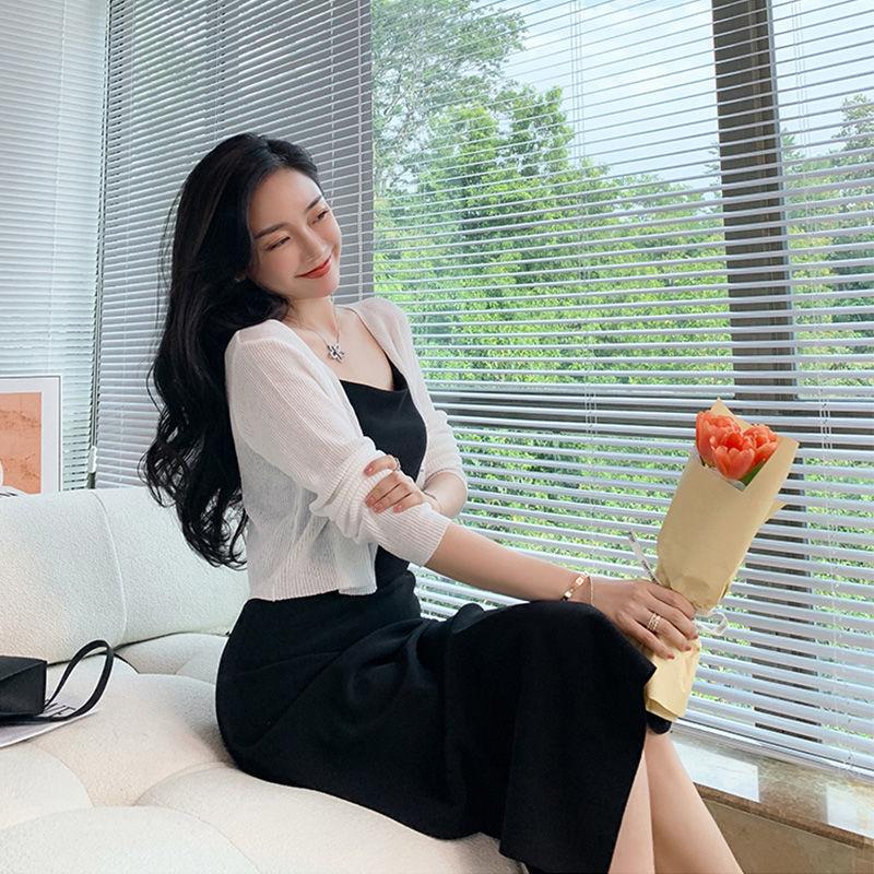 Summer Thin Knitted Sunscreen Cardigan Women's Slim All-match Solid Color Pearl Buckle Ice Silk Short Top