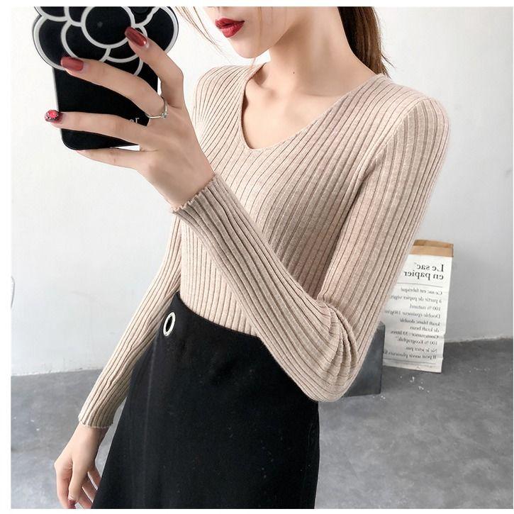 Pofulove Sweater Women's Slim Stretch V-neck Long-sleeved Jumper Bottoming Sweater Wild Shirt