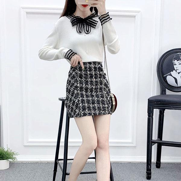 Autumn and Winter Knit Sweater Suit Women Lace Stitching V-neck Sweater Top and Short Plaid Wool Skirt Two-piece Female Elegant Outfits