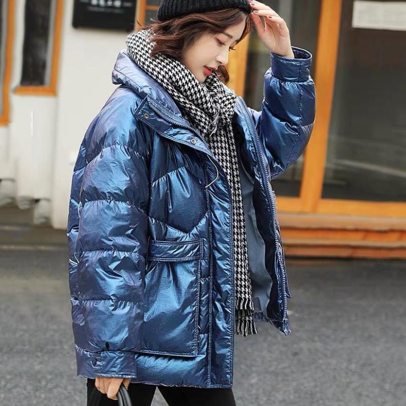 Women's Shiny Mid-length Down Jacket Winter Korean Style Loose Coat Warm Stand-collar Down Jacket