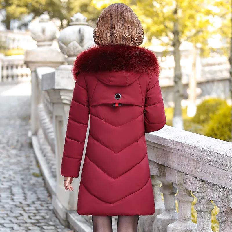 Winter Women's Down Jacket Fashion Fur Collar Hooded Jacket Thick and Warm Large Size Medium and Long Cotton Jacket