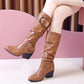 Leather Buckle High-heel Knee-High Boots Women's Leather High Boots Thick-heeled Knight Boots Plus Size 35-43 Cowboy Boots