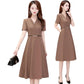 Women's Dress Summer Loose Casual Large Size Medium Long Short Sleeve Waist V-neck A-line Long Skirt