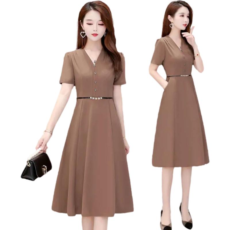 Women's Dress Summer Loose Casual Large Size Medium Long Short Sleeve Waist V-neck A-line Long Skirt