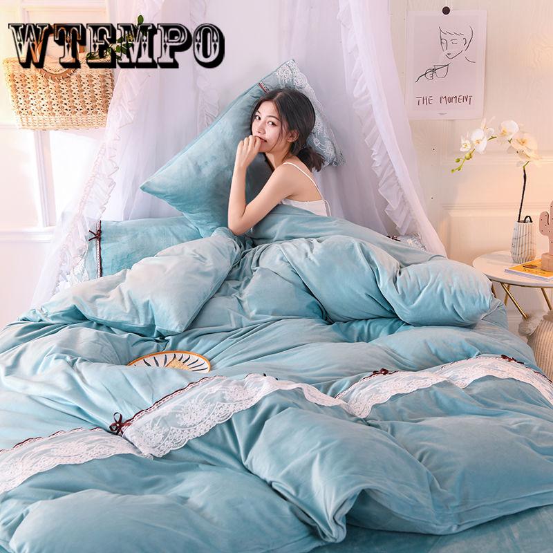 4pcs  Fleece Bedding Set  Lace Duvet Cover Flat Sheet Pillowcase Flannel Winter Warm Bed Linen