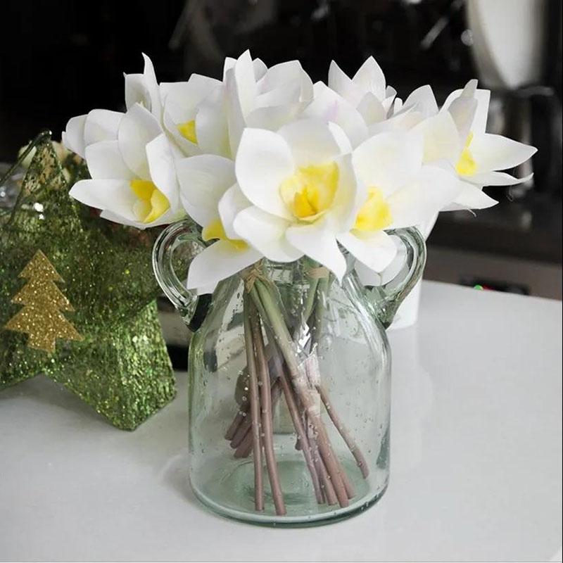 Simulation Bouquet 4 Heads Hand Pierced Feel Cymbidium Artificial Flowers Home Decoration Flower Vase Flower Arrangement