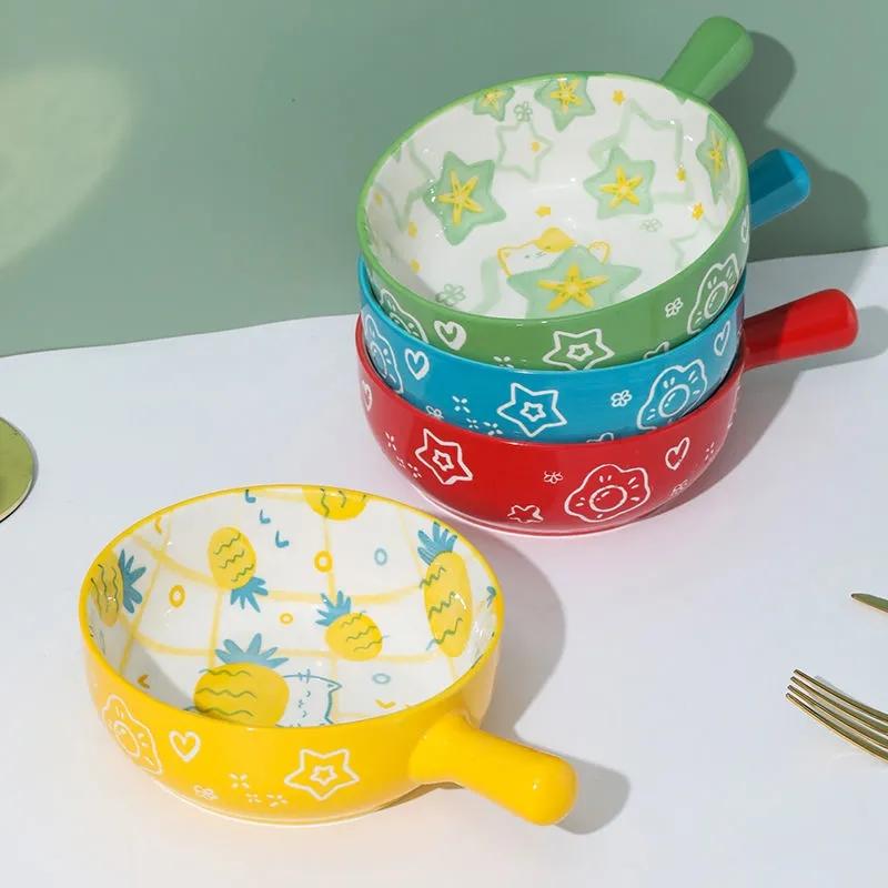 Cartoon Instant Noodle Bowl Ceramic Household Fruit Salad Bowl Cute Girl Heart Handle Baking Bowl Fruit Bowl