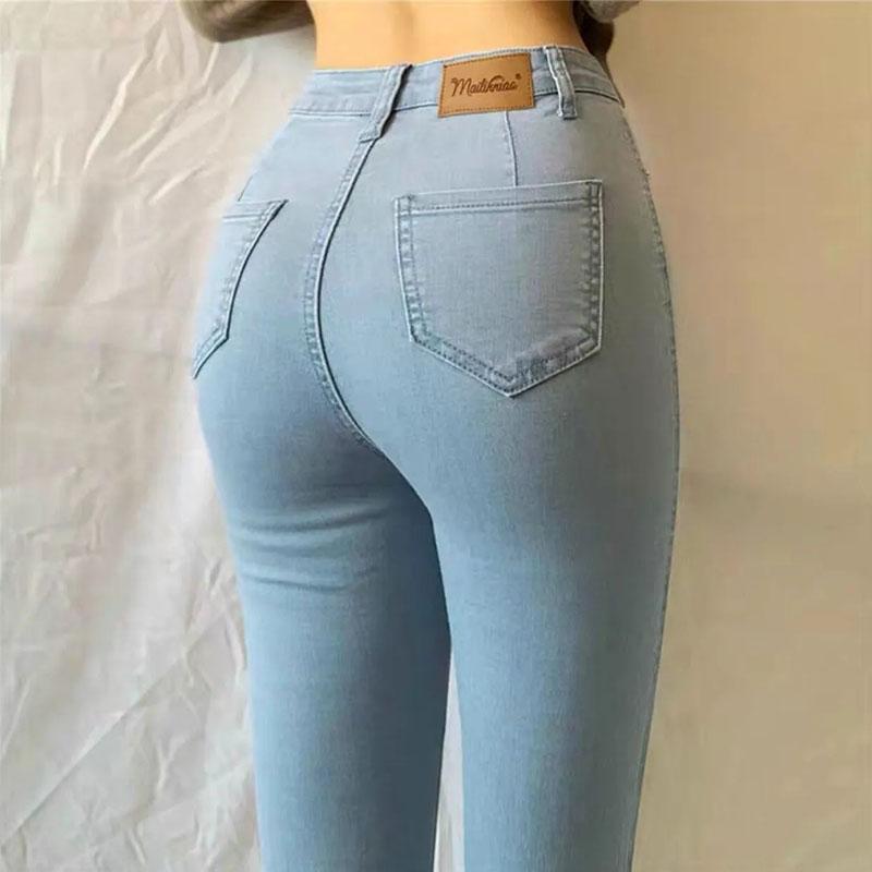 Large Size Elastic High Waist Jeans Women's Skinny Elastic Slim Denim Trousers Vintage Washed Hip Lift Pencil Denim Pants