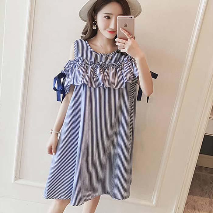 Pofulove Women Off Shoulder Striped Shirt Dress Office Lady Loose Thin Mid-length A-line Beach Skirt