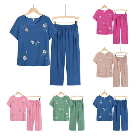 Women Clothes Summer Cotton and Linen Homewear Set Short Sleeve Floral Print T-shirt Pants Loose Two Pieces Set Outfit for Middle-aged Large Size