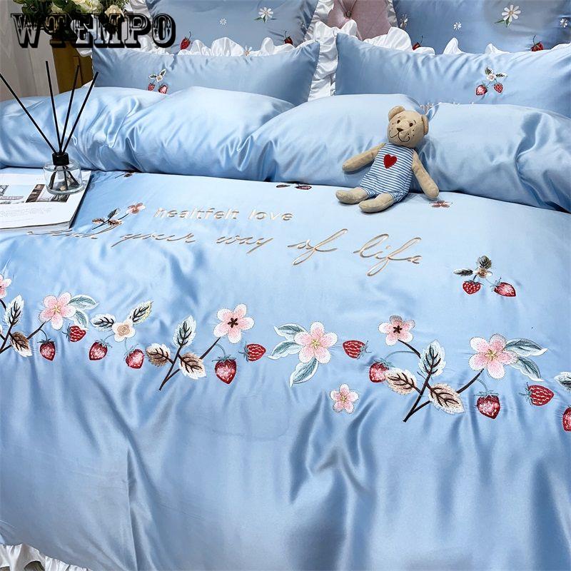 Cotton 4pcs Jacquard Silk Cotton Luxury Bedding Set King Size Queen Bedclothes Bed Skirt