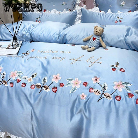 Cotton 4pcs Jacquard Silk Cotton Luxury Bedding Set King Size Queen Bedclothes Bed Skirt
