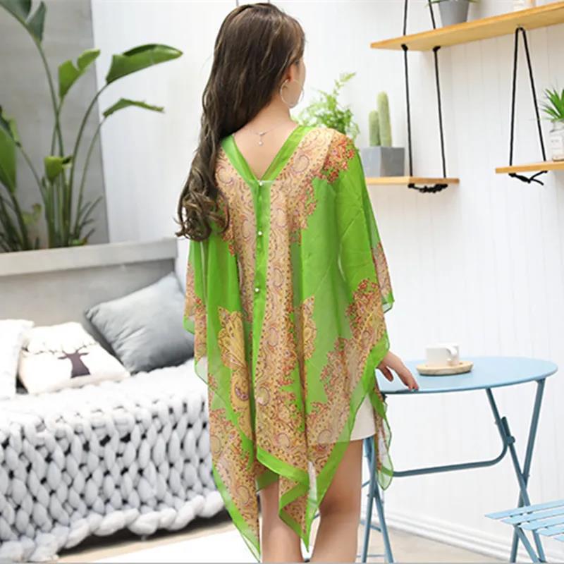 Sunscreen Shawl Beach Multi-used Variety Silk Scarf Chiffon Printing Anti-ultraviolet Temperament Cape Shawl with Scarf Outside