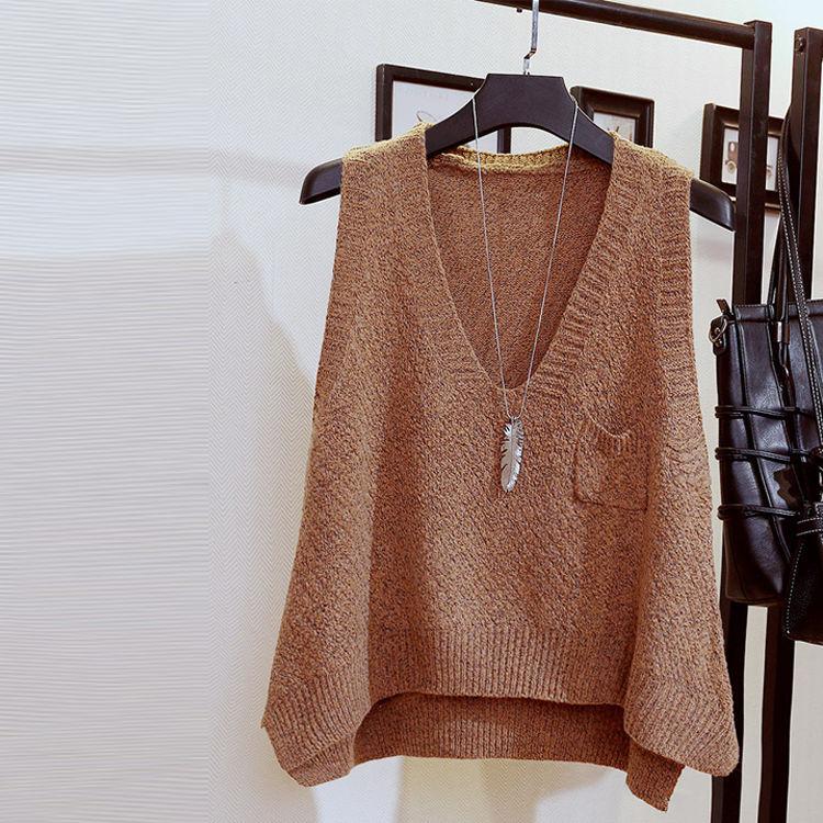 Spring and Autumn Short Loose Waistcoat College Style Knit Solid Color Waistcoat Pocket Sleeveless Sweater Women