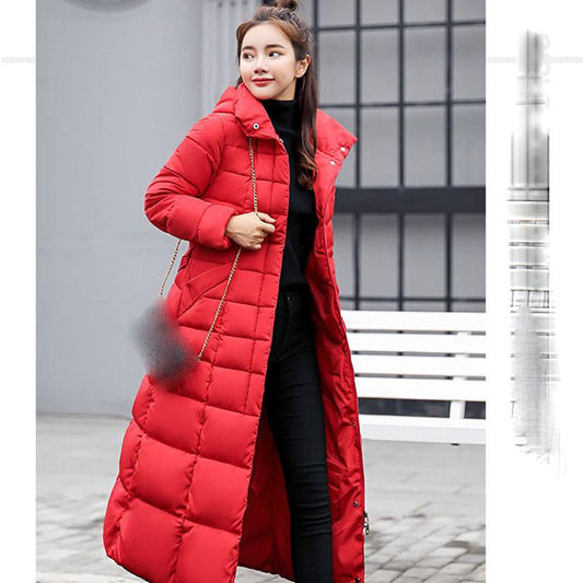 Lace-up Long Cotton-padded Jacket Women's Knee-length Thick Warm Fur Collar Hooded Down Cotton Jacket