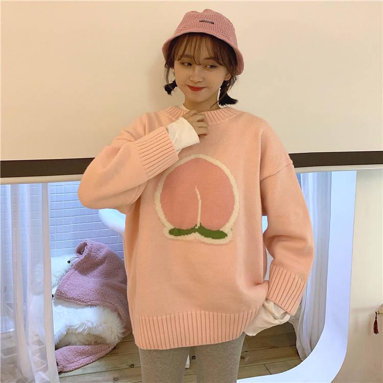 Autumn Winter Small Fresh Interesting Fruit Jacquard Short Outer Wear Sweater Cartoon Sweater Loose Thick Long Sleeved Pullover Sweater