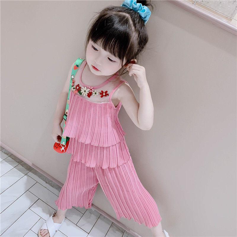 2Pcs Fashion New Toddler Summer Suit Solid Color Ribbed O-Neck Tops+Elastic Waist Shorts Outfits for Girls