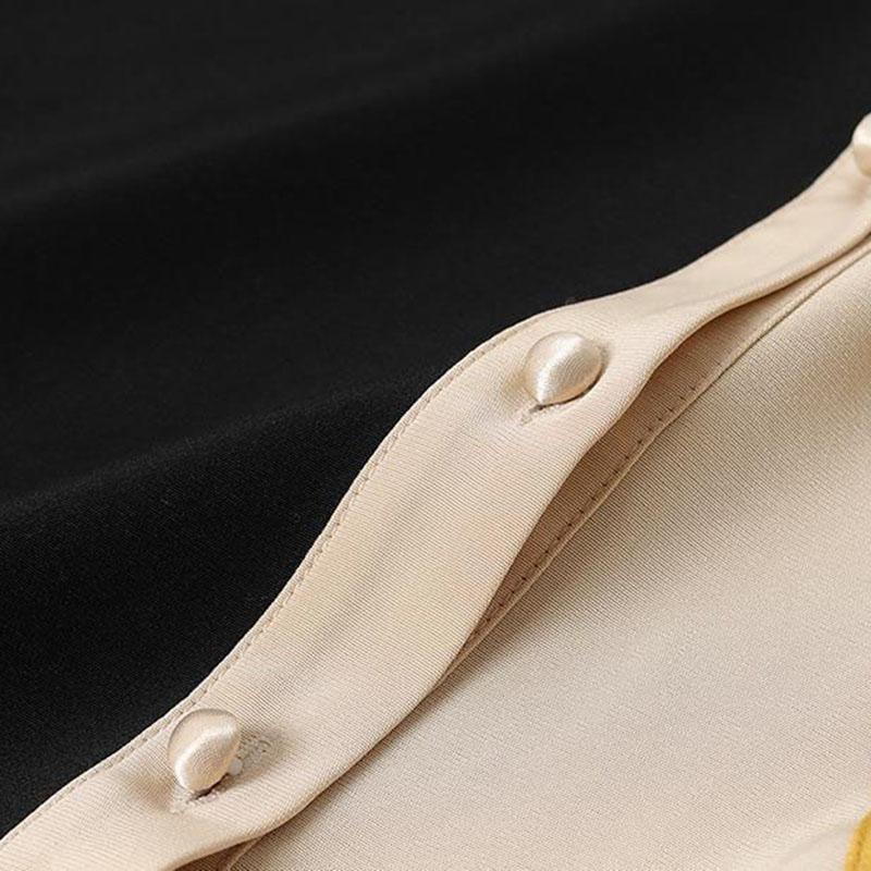 ChiffonTurn-down Collar 3/4 Sleeved Dress Spring and Autumn Large Size Loose Above Knee Length Buttons Color Stitching