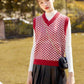 A Short V-neck Vest for Autumn and Winter, Loose Plaid Sleeveless Sweater, Knitted Splicing Color Elastic Waistcoat