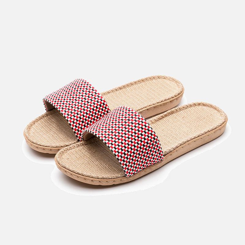 Summer Men and Women Couple Slippers Check Linen Slippers Sweat-absorbent Non-slip Ultra-light Sandals and Slippers Comfortable Home