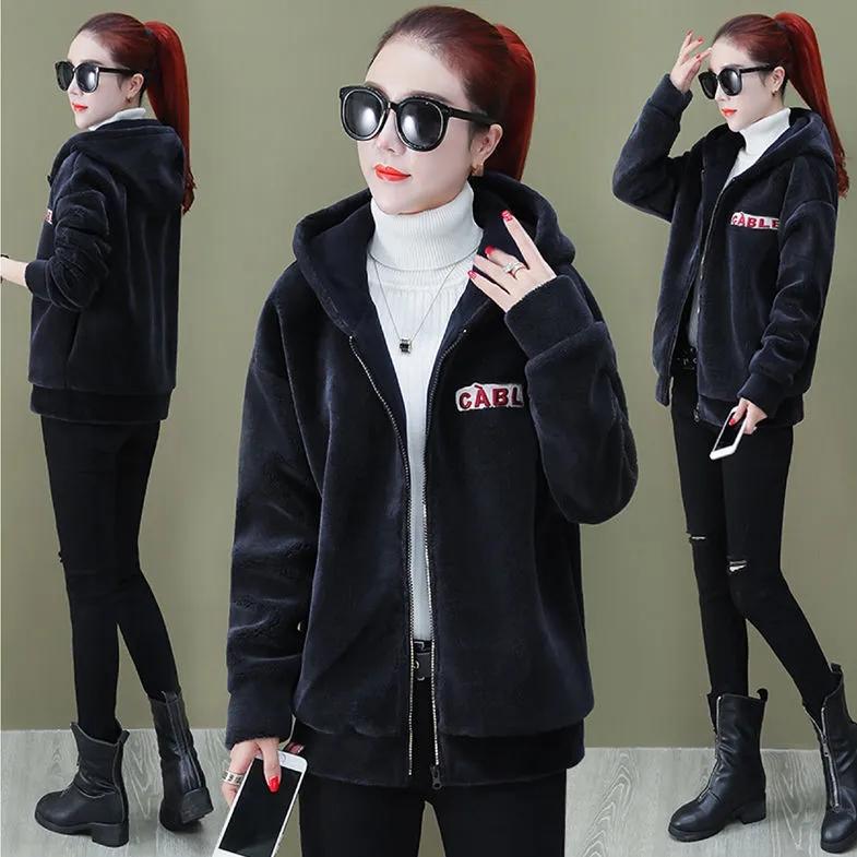 Fleece Thickened Faux Lamb Wool Coat Women's Short Korean Style Loose Autumn and Winter Hooded Top