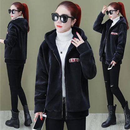 Fleece Thickened Faux Lamb Wool Coat Women's Short Korean Style Loose Autumn and Winter Hooded Top