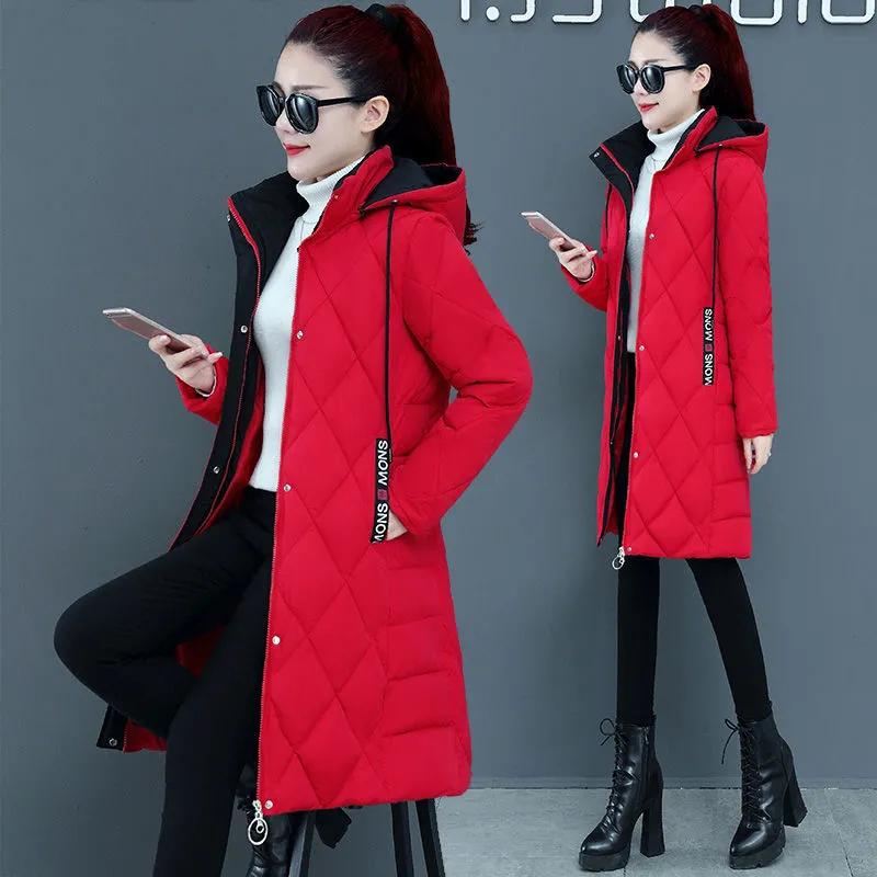Loose Argyle Hooded Parkas Women Fashion Solid Thick Long Coats Women Elegant Cotton Jackets Female Ladies Winter Jacket