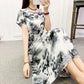 Plus Size Long Dress Ink Painting Print Short Sleeve Dress Casual Comfort Cotton Dresses Summer