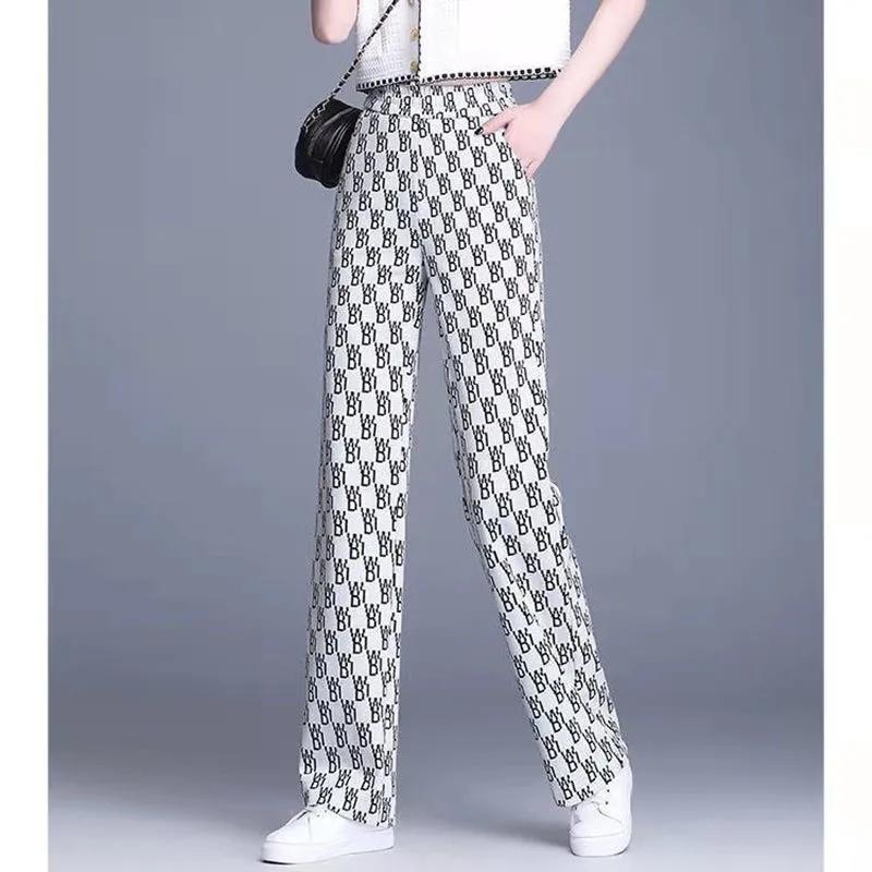 Wide Leg Pants Women's High Waist Vertical Printed Pants Spring and Autumn Loose Thin All-match Straight Casual Trousers