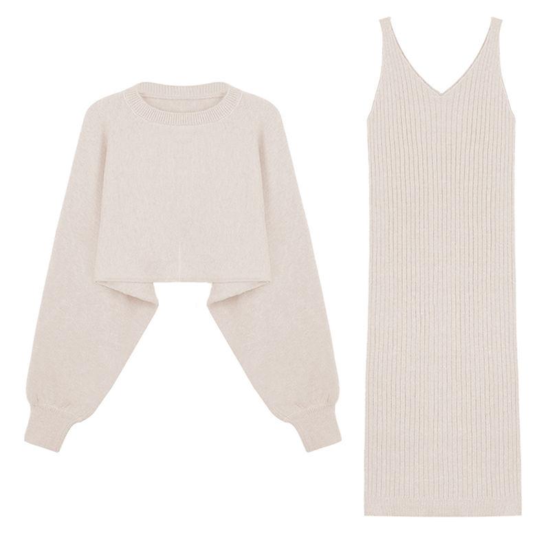 Two Piece Set Women Autumn Wear Loose Pullover Batwing Sweater and Sleeveless Strap Sweater Dress Ladies Outfits