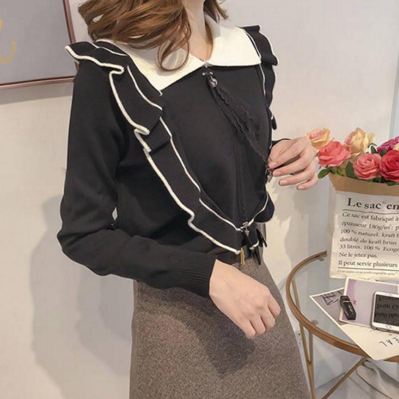 Pofulove sweater women's new Korean sweater loose lapel autumn and winter fungus sweet college style