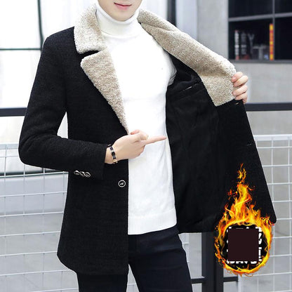 Men's Plus Velvet Thick Coat Autumn and Winter Long Woolen Coat Korean Style Trend Men's Youth Jacket