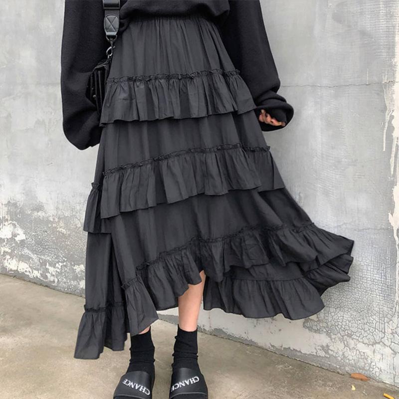 Gothic Skirt Grunge Lolita Ruched Ruffles Aesthetic Skirt Avant Garde Skirt Evening High Fashion Skirt Romantic Skirt Women Black Maxi Skirt