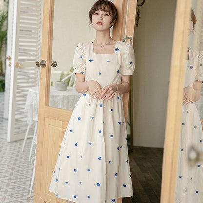 Female Summer Vintage Floral Print Square Neck High Waist Dress Slim Elegant Holiday A-line Dress