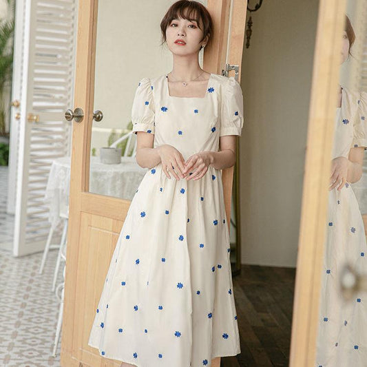 Female Summer Vintage Floral Print Square Neck High Waist Dress Slim Elegant Holiday A-line Dress