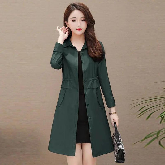 Women's Windbreaker Mid-length Spring and Autumn Solid Color Korean Version Slim Waist Tightening Large Size Slim Coat