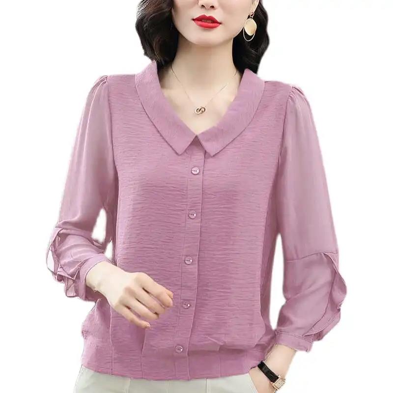 Women's Summer Long Sleeve Chiffon Shirt Printed Loose Large Size Round Neck Solid Color Top