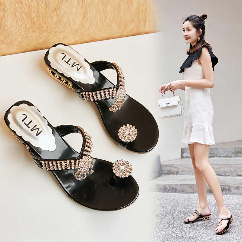 Size 34-41 Summer Women Outdoor Flat Bohemian Beach Flip Flops Wear-resistant Non-slip Office Lady Waterproof Diamond Sandals