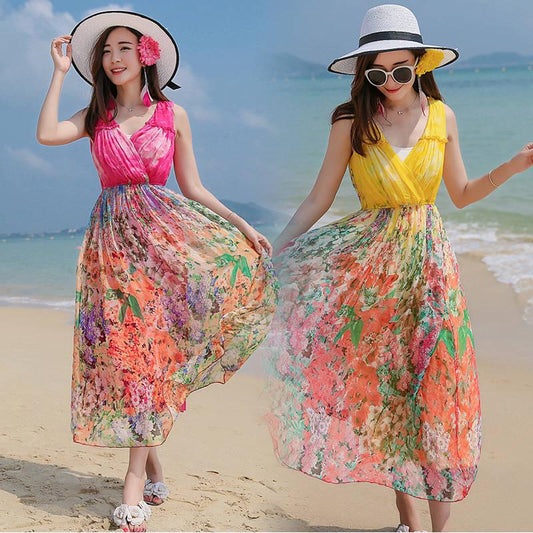 Bohemia Long Chiffon Floral Dress Boho V-Neck Sleeveless Evening Beach Maxi Dress  Sundress