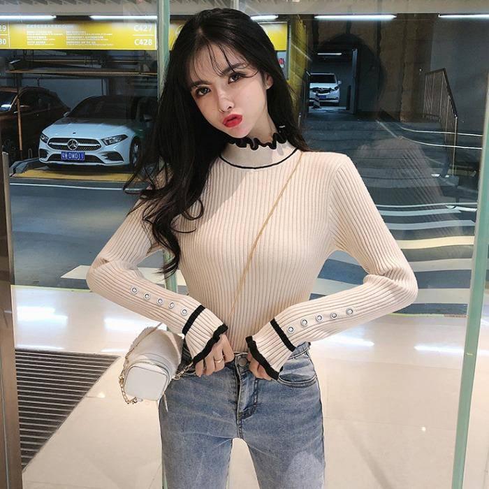 Pofulove Thick Sweater Slim Fit Shirt Spring Autumn Color Fungus Half High Neck Long Sleeve Women