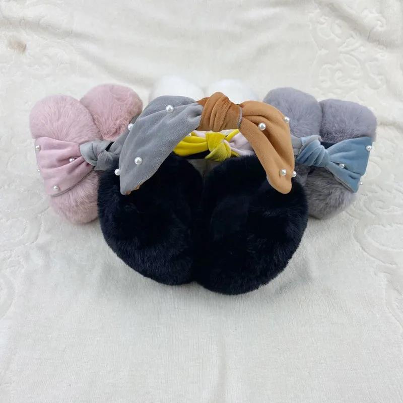 Women's Winter Foldable Earmuffs Pearl Bow Ear Muffs Warm Female Earmuffs Korean Style Two-color Stitching Earwarmers Plush Ear Warmer Pad