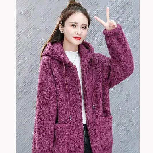 Lamb Velvet Hooded Sweatershirt Women's Fleece Thickening Autumn and Winter Warm Cardigan Jacket Spring Zipper Hooded Jacket