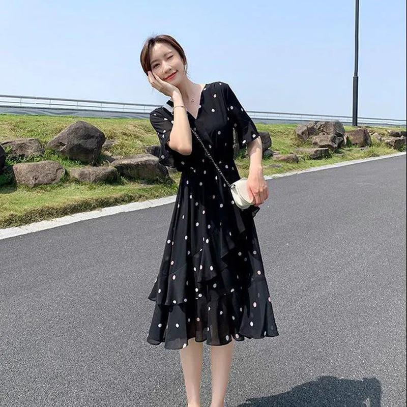 Ruffle Polka Dot Chiffon Dress Women's Short Trumpet Sleeve V-Neck Knee-length Daily Dating Party Office Wear